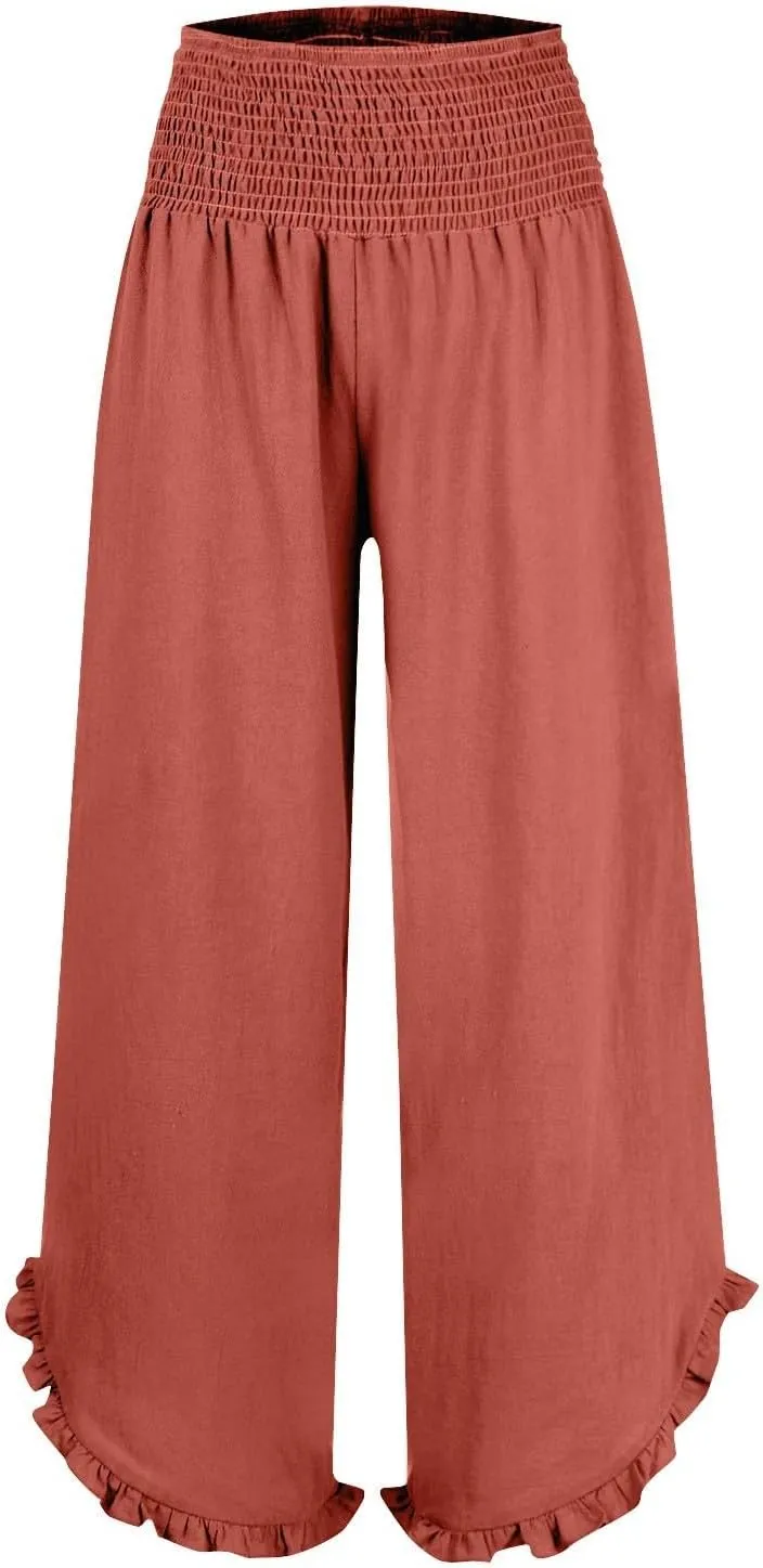 Wide Leg Linen Pants for Women Smocked High Waisted Ruffle Hem Flowy Palazzo Pants Loose Beach Trousers with Pockets