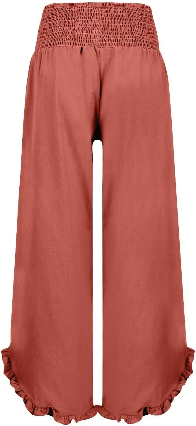 Wide Leg Linen Pants for Women Smocked High Waisted Ruffle Hem Flowy Palazzo Pants Loose Beach Trousers with Pockets