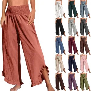 Wide Leg Linen Pants for Women Smocked High Waisted Ruffle Hem Flowy Palazzo Pants Loose Beach Trousers with Pockets