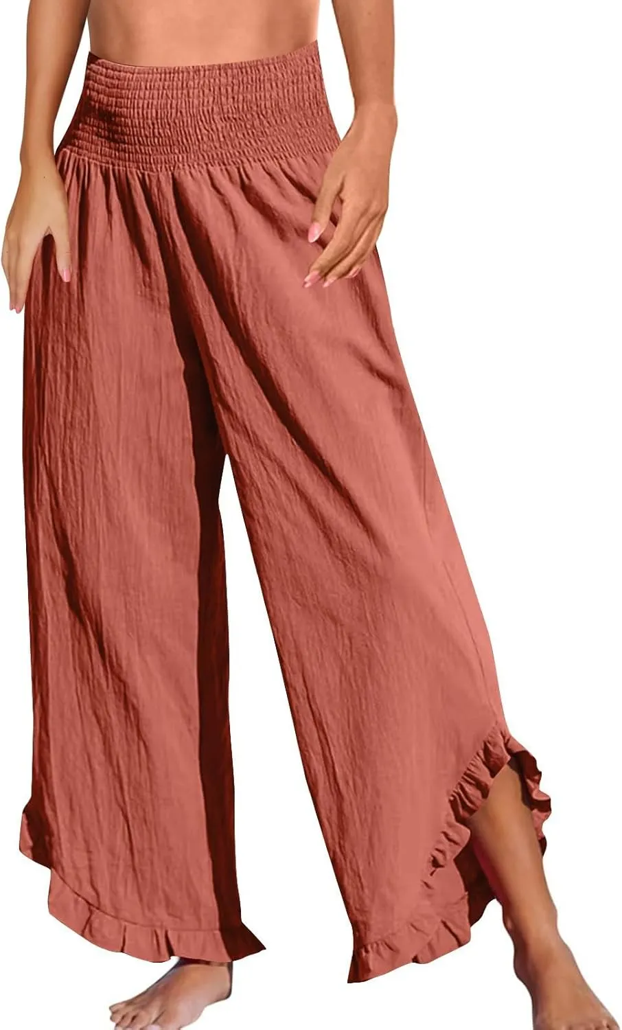 Wide Leg Linen Pants for Women Smocked High Waisted Ruffle Hem Flowy Palazzo Pants Loose Beach Trousers with Pockets