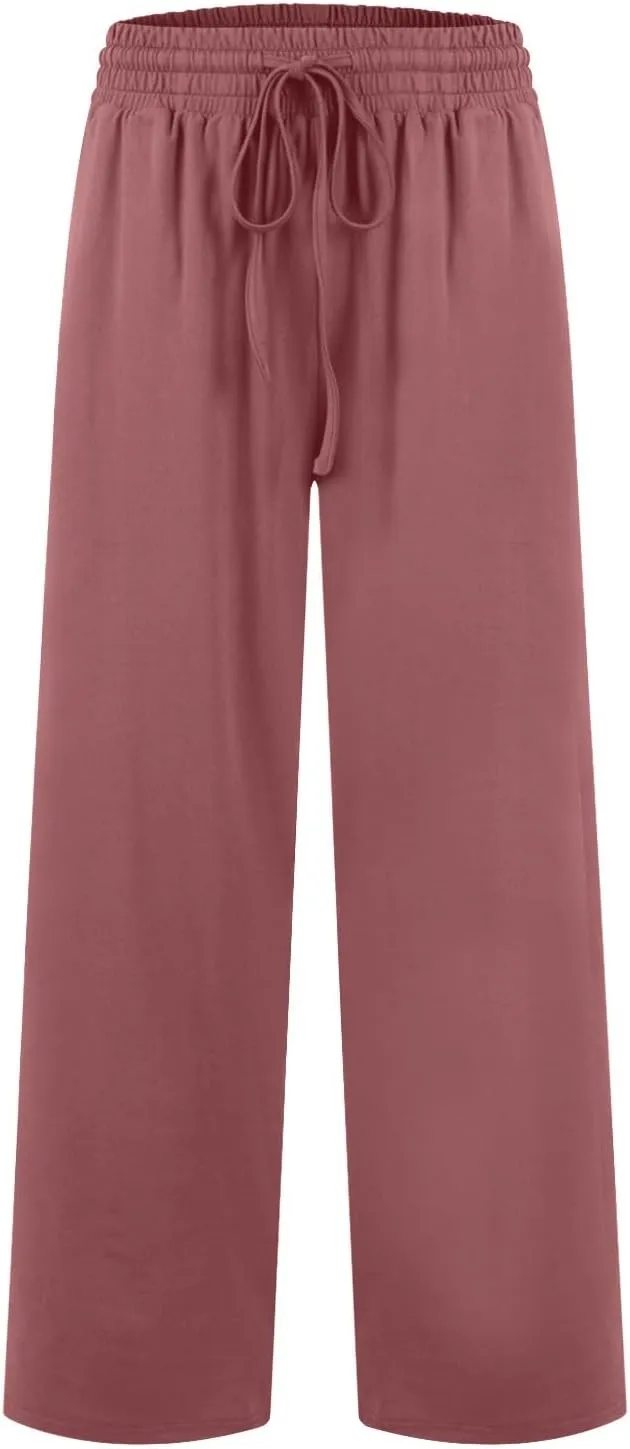 Wide Leg Pants for Women Summer Casual Drawstring High Waisted Pajama Pants Soft Baggy Yoga Pants with Pockets