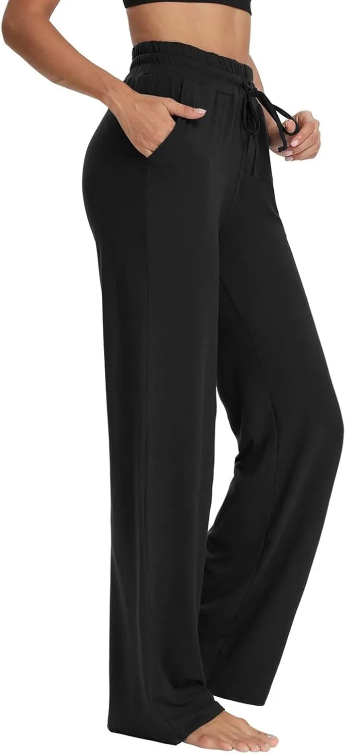 Wide Leg Pants for Women Summer Casual Drawstring High Waisted Pajama Pants Soft Baggy Yoga Pants with Pockets