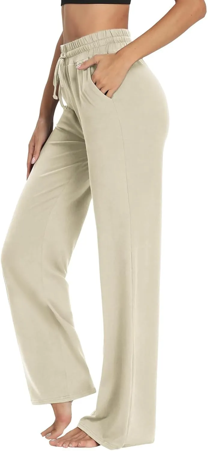 Wide Leg Pants for Women Summer Casual Drawstring High Waisted Pajama Pants Soft Baggy Yoga Pants with Pockets