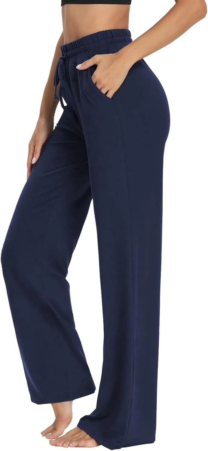 Wide Leg Pants for Women Summer Casual Drawstring High Waisted Pajama Pants Soft Baggy Yoga Pants with Pockets