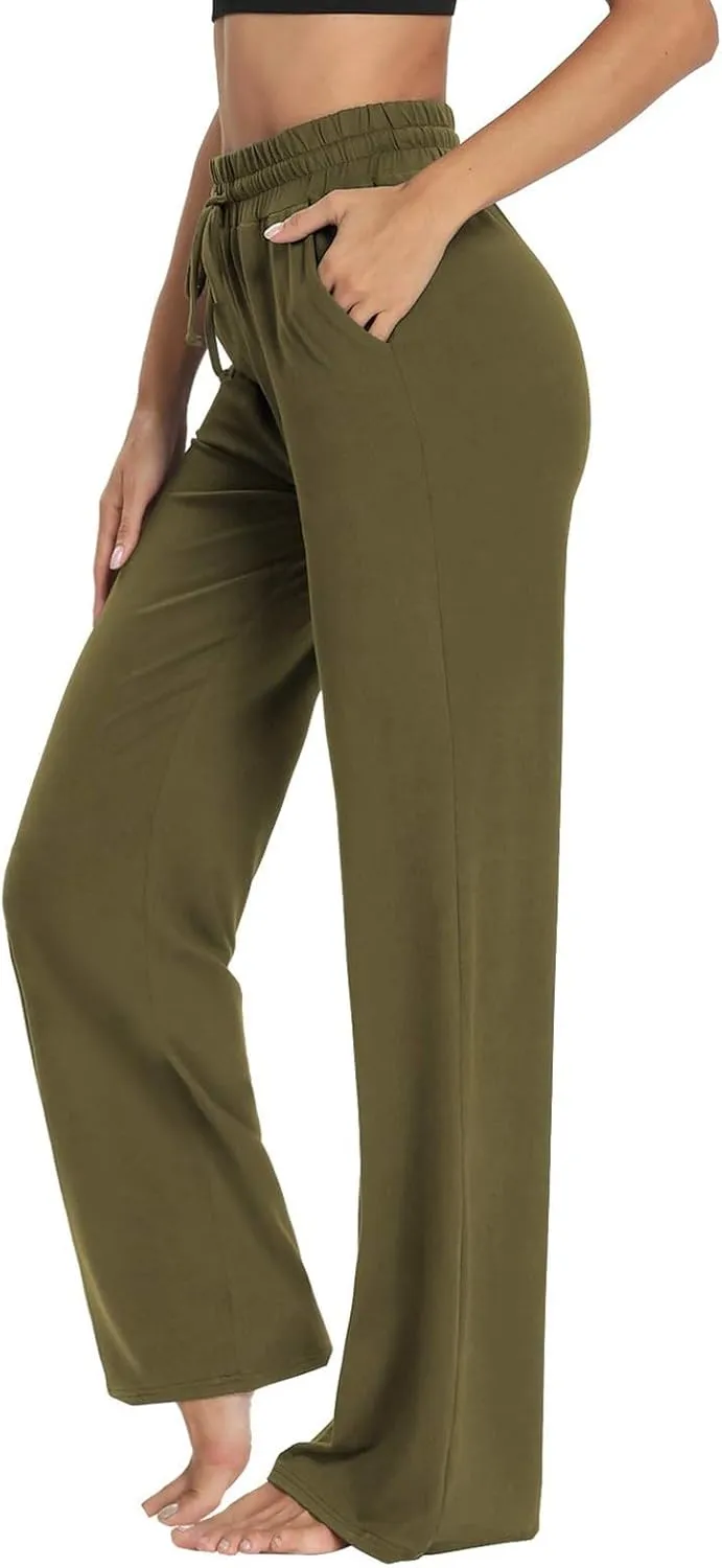 Wide Leg Pants for Women Summer Casual Drawstring High Waisted Pajama Pants Soft Baggy Yoga Pants with Pockets