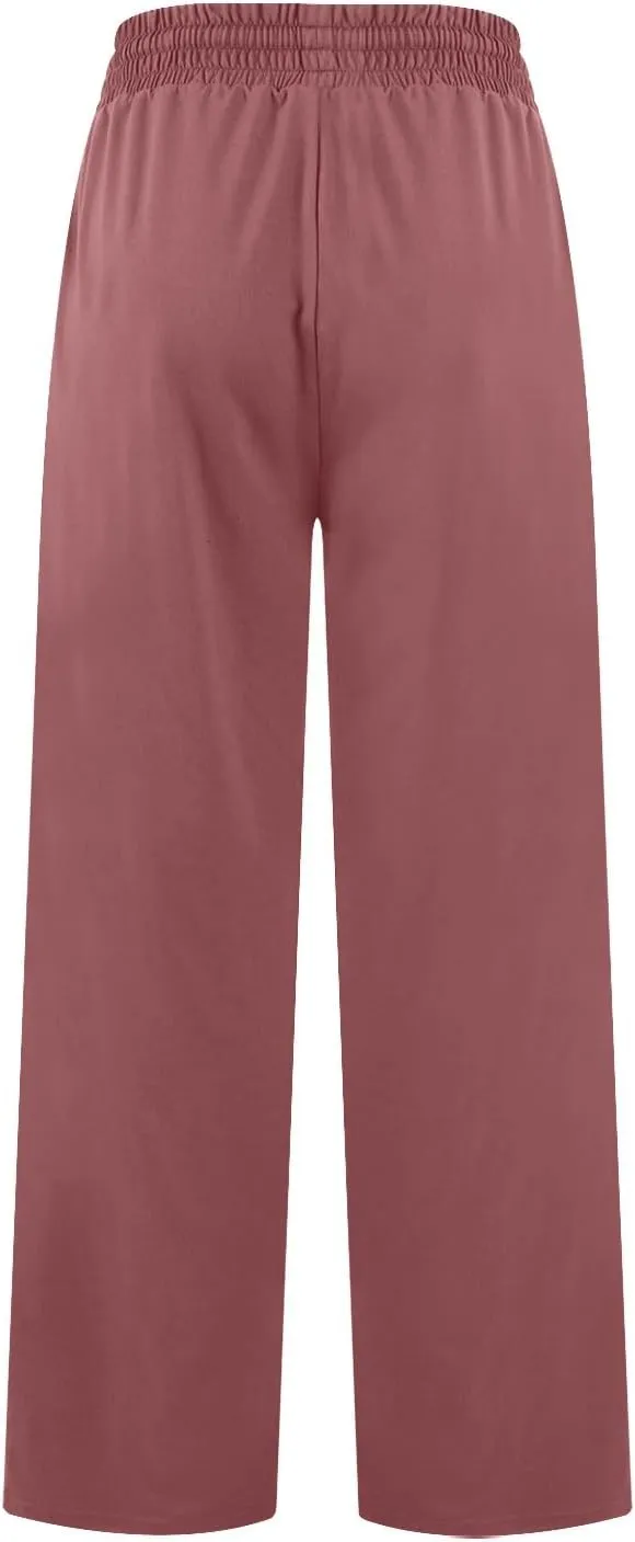 Wide Leg Pants for Women Summer Casual Drawstring High Waisted Pajama Pants Soft Baggy Yoga Pants with Pockets