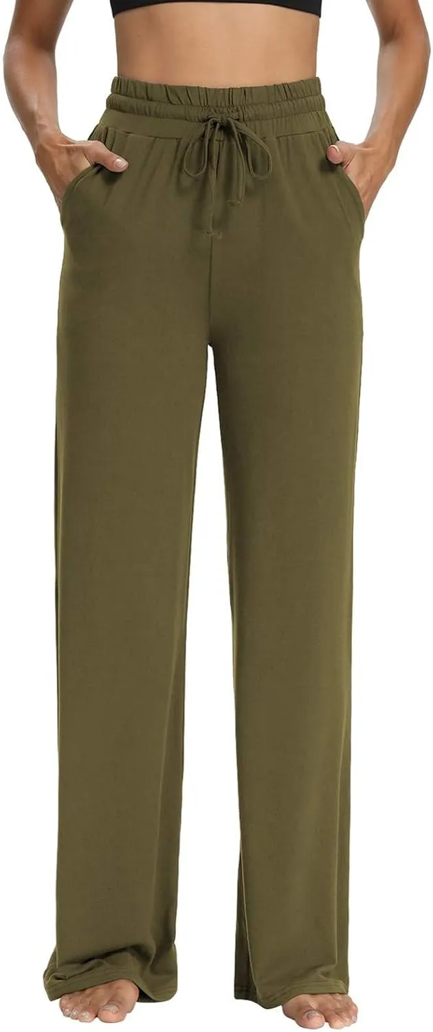 Wide Leg Pants for Women Summer Casual Drawstring High Waisted Pajama Pants Soft Baggy Yoga Pants with Pockets