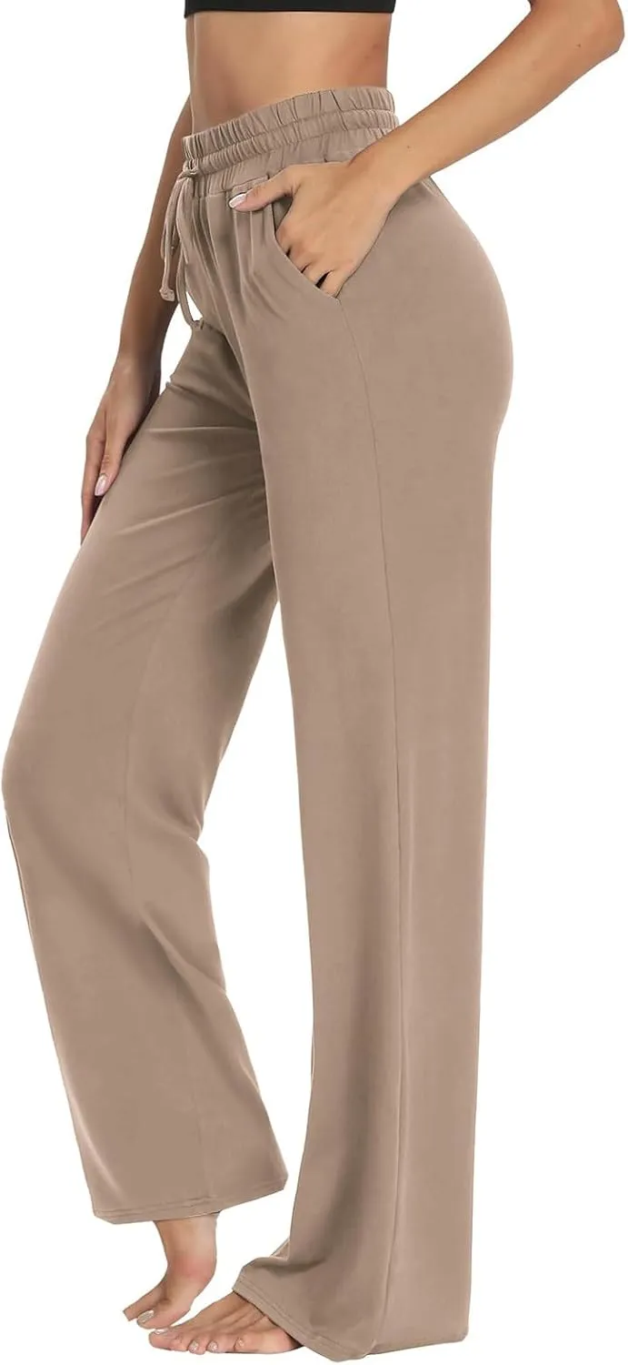 Wide Leg Pants for Women Summer Casual Drawstring High Waisted Pajama Pants Soft Baggy Yoga Pants with Pockets