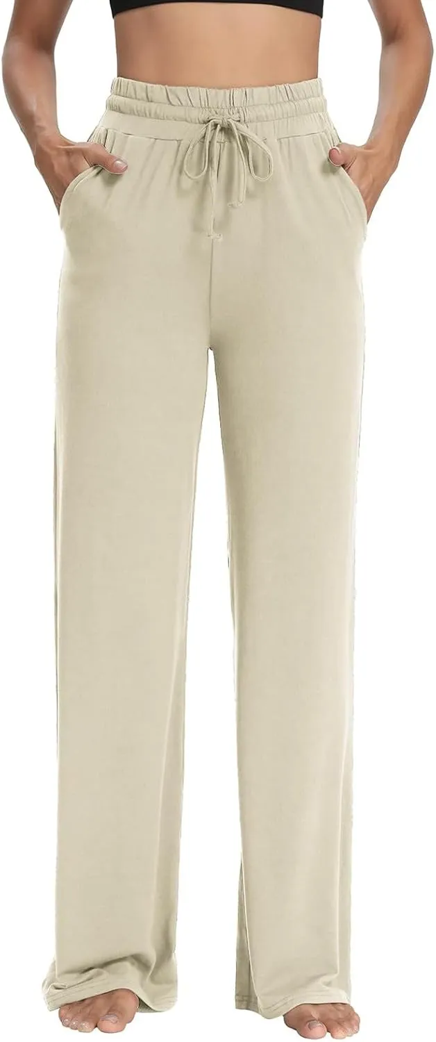 Wide Leg Pants for Women Summer Casual Drawstring High Waisted Pajama Pants Soft Baggy Yoga Pants with Pockets