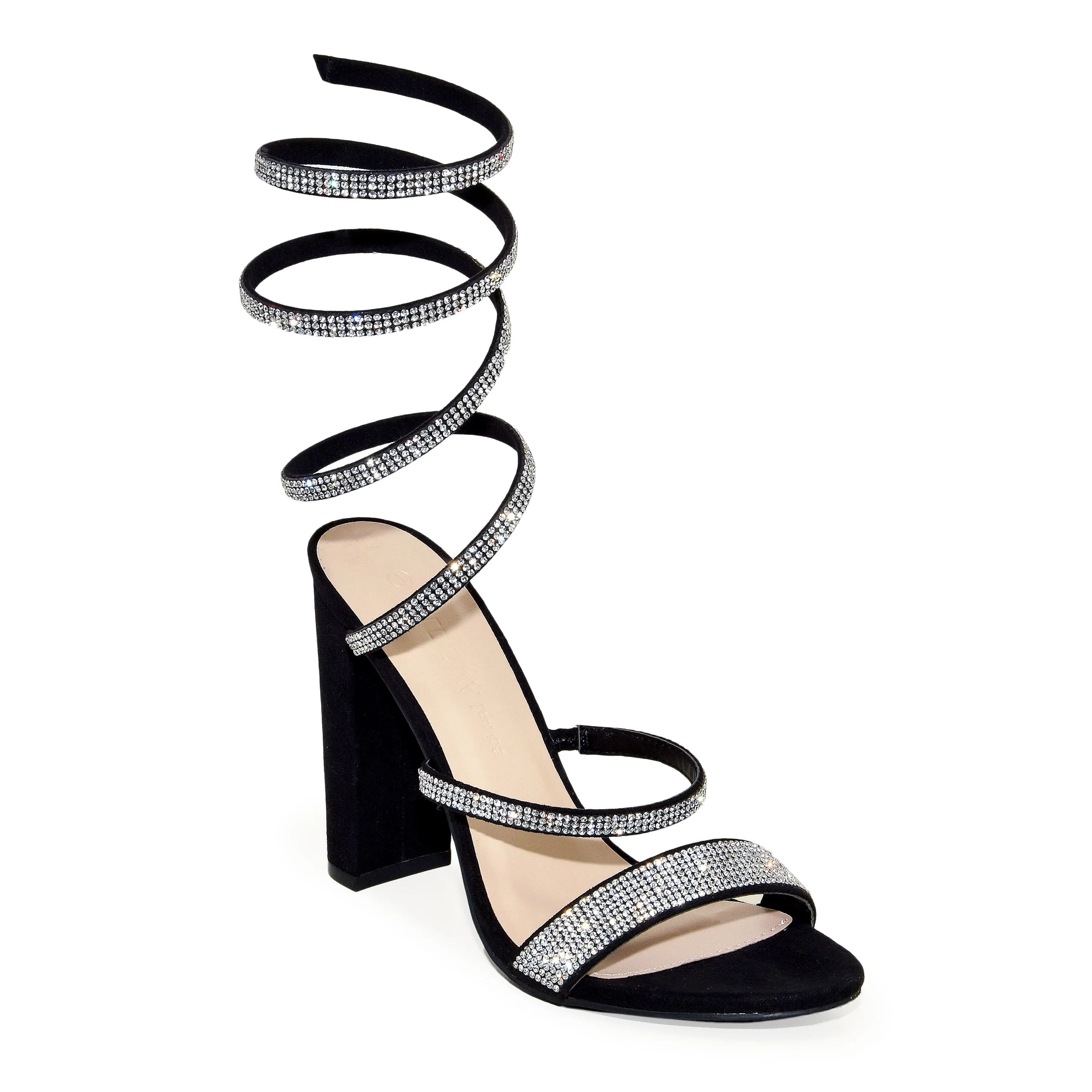 Wild Diva Spiral Rhinestone Strappy Ankle Chunky Block Heels