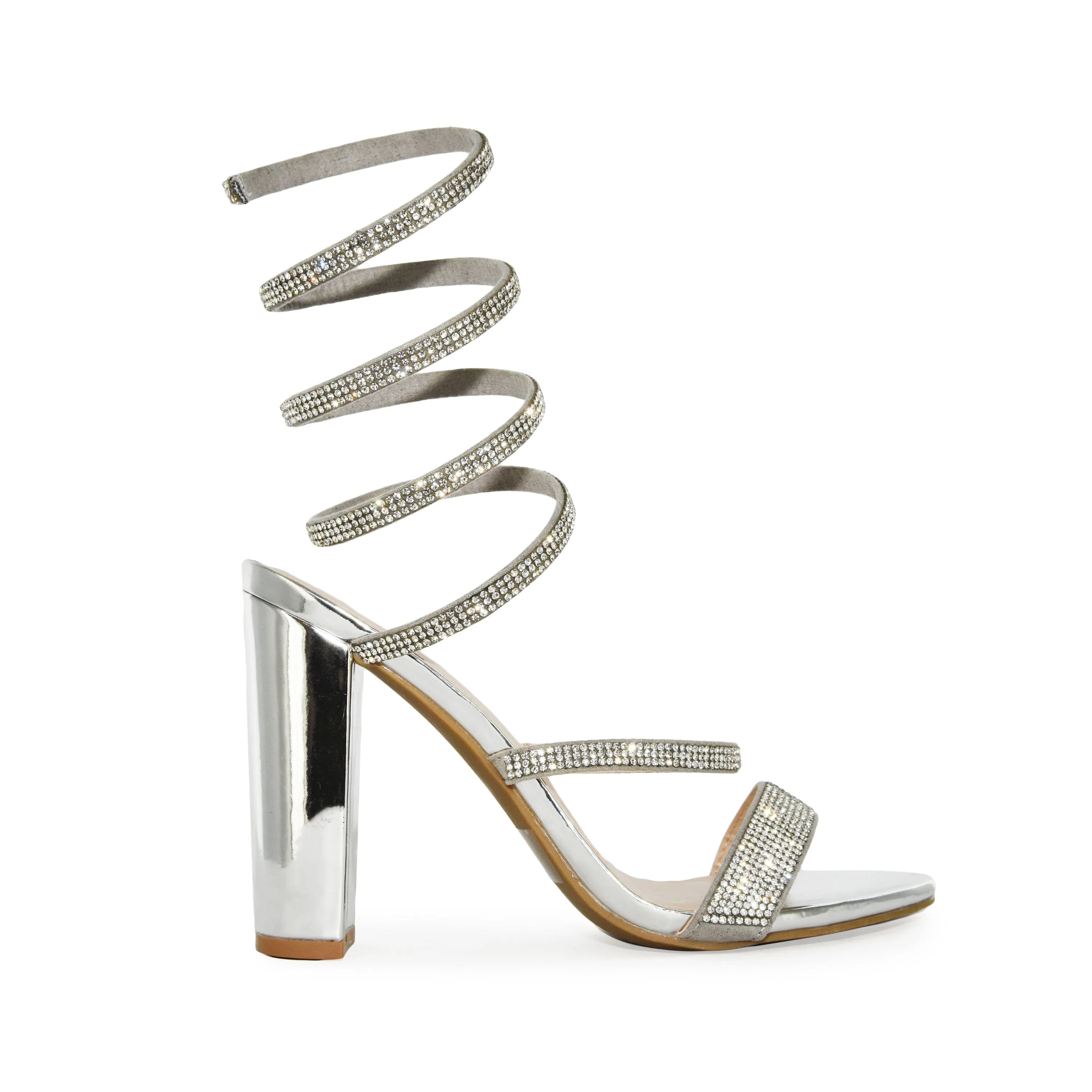 Wild Diva Spiral Rhinestone Strappy Ankle Chunky Block Heels