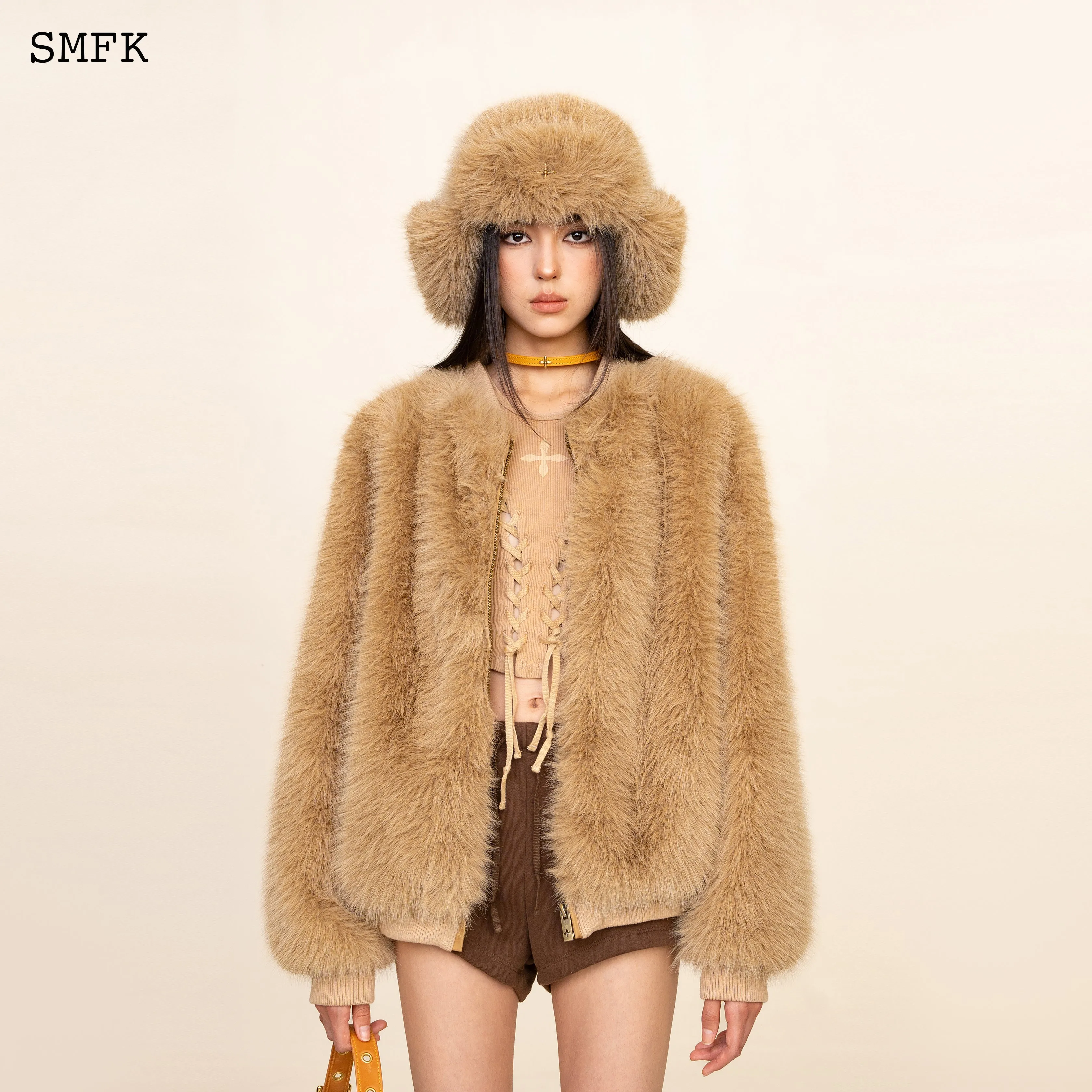 WildWorld Baseball Faux Fur Jacket In Wheat
