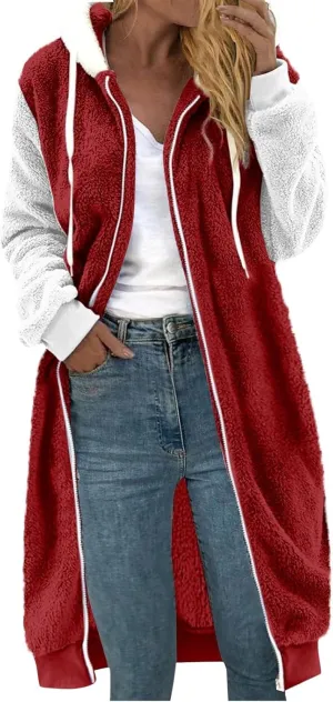 Winter Coats For Women,Women'S Solid Fleece Long Hooded Jacket Fuzzy Zipper Sherpa Outerwear Fall Clothes