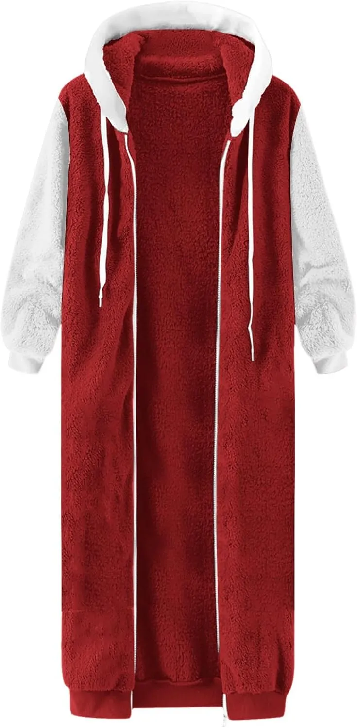 Winter Coats For Women,Women'S Solid Fleece Long Hooded Jacket Fuzzy Zipper Sherpa Outerwear Fall Clothes