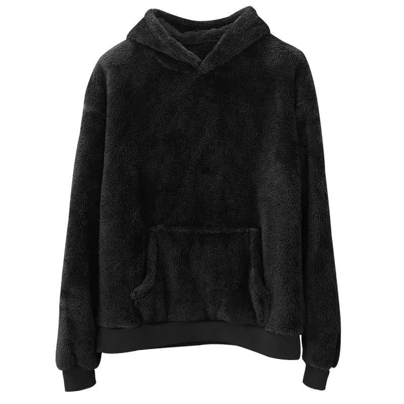 Winter Men'S Soft Warm Fleece Hooded Sweatshirt Solid Color Loose Casual Long Sleeve Pullovers with Pocket Fashion Streetwear