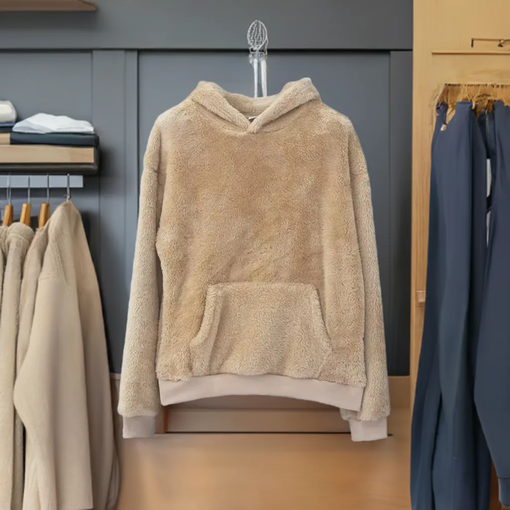 Winter Men'S Soft Warm Fleece Hooded Sweatshirt Solid Color Loose Casual Long Sleeve Pullovers with Pocket Fashion Streetwear