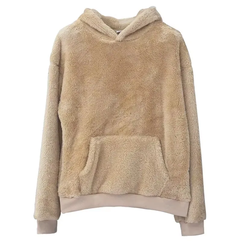 Winter Men'S Soft Warm Fleece Hooded Sweatshirt Solid Color Loose Casual Long Sleeve Pullovers with Pocket Fashion Streetwear