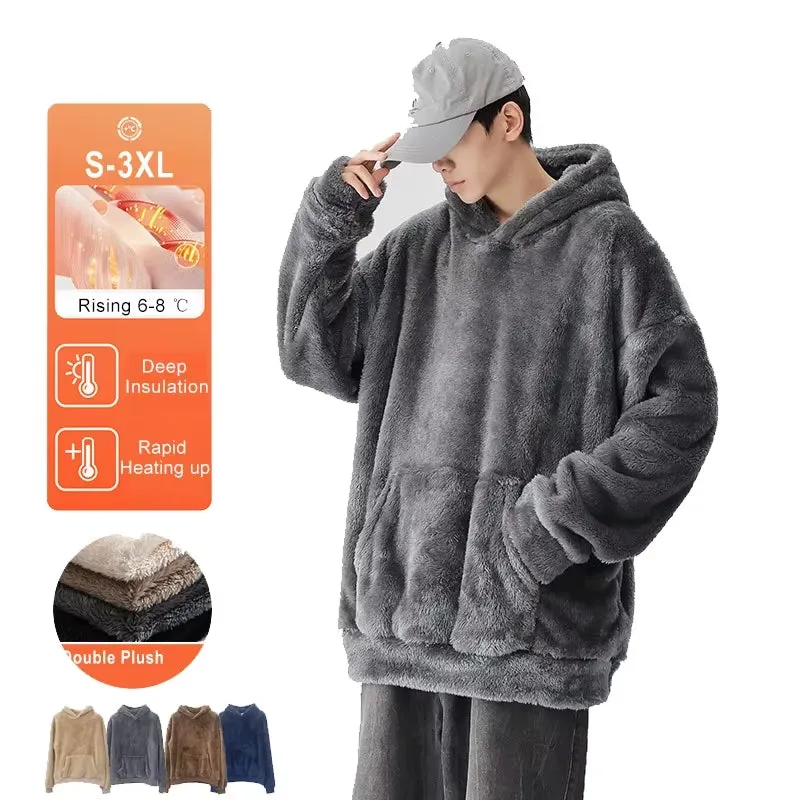 Winter Men'S Soft Warm Fleece Hooded Sweatshirt Solid Color Loose Casual Long Sleeve Pullovers with Pocket Fashion Streetwear