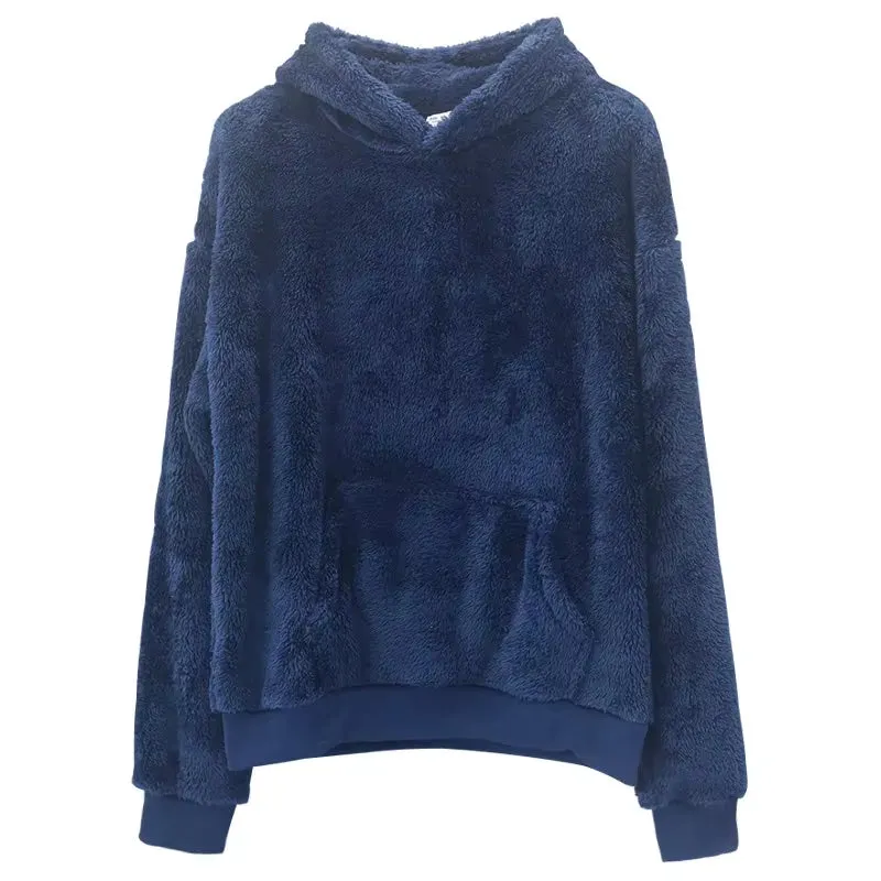 Winter Men'S Soft Warm Fleece Hooded Sweatshirt Solid Color Loose Casual Long Sleeve Pullovers with Pocket Fashion Streetwear