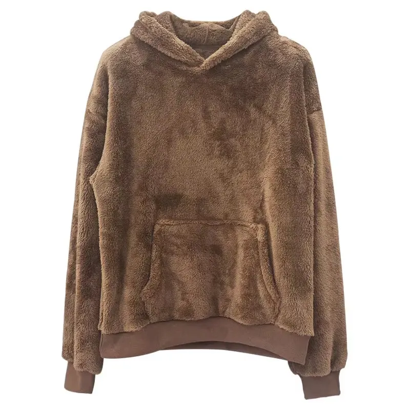 Winter Men'S Soft Warm Fleece Hooded Sweatshirt Solid Color Loose Casual Long Sleeve Pullovers with Pocket Fashion Streetwear