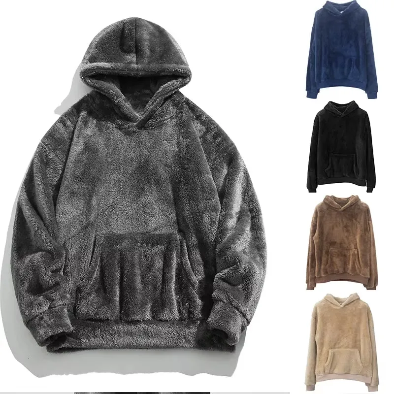 Winter Men'S Soft Warm Fleece Hooded Sweatshirt Solid Color Loose Casual Long Sleeve Pullovers with Pocket Fashion Streetwear
