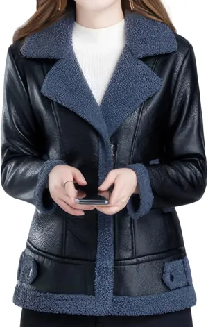 Women Black and Blue Bomber Leather Jacket Genuine Sheepskin - Sherpa Shearling Faux Fur Lined.
