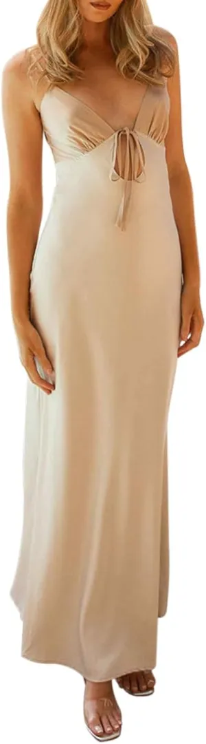 Women Cami Sleeveless Tie-Up Front Backless Dress Long Low Cut Backless Bodycon Dress
