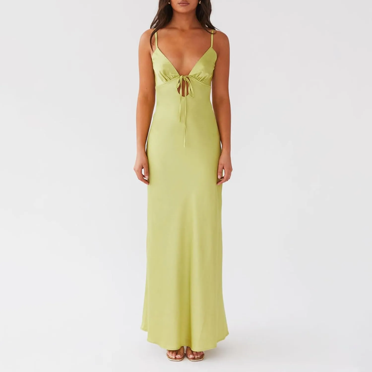 Women Cami Sleeveless Tie-Up Front Backless Dress Long Low Cut Backless Bodycon Dress