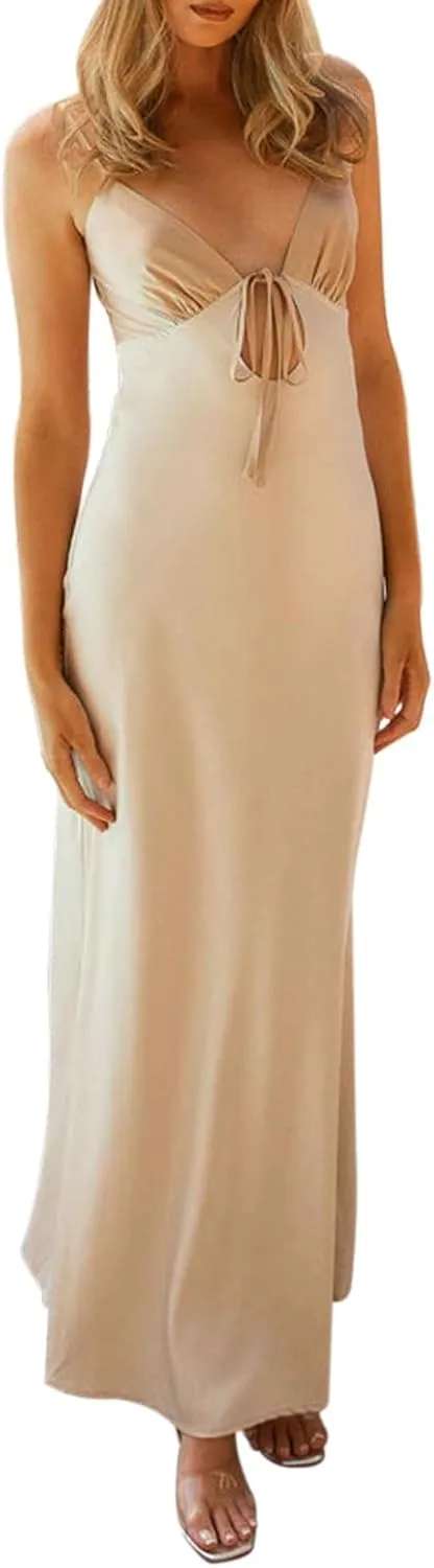 Women Cami Sleeveless Tie-Up Front Backless Dress Long Low Cut Backless Bodycon Dress