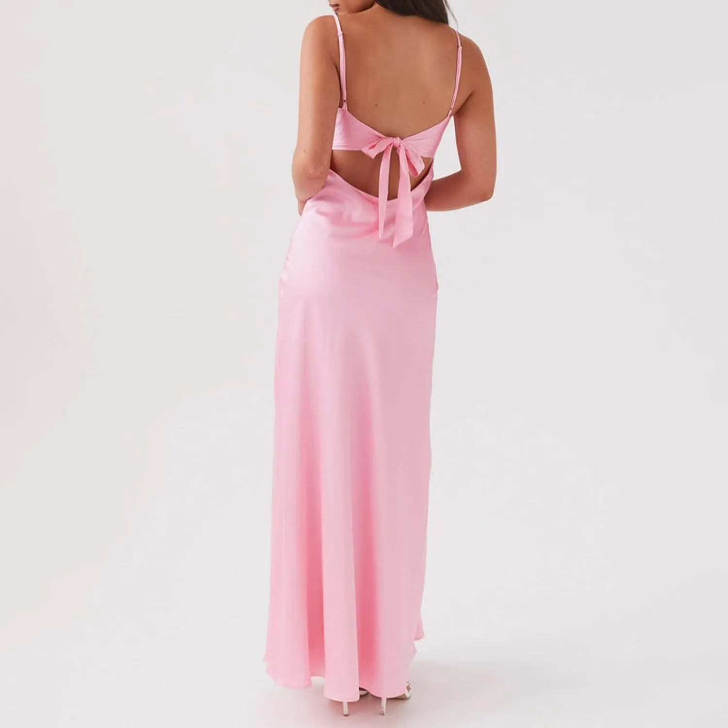 Women Cami Sleeveless Tie-Up Front Backless Dress Long Low Cut Backless Bodycon Dress