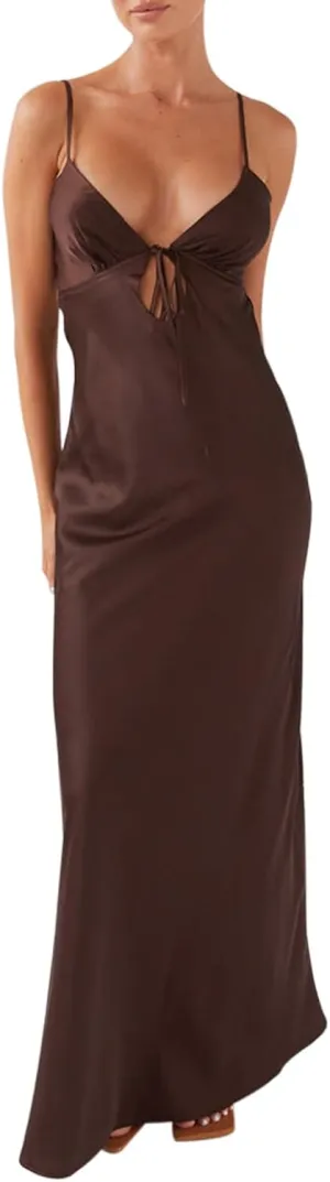 Women Cami Sleeveless Tie-Up Front Backless Dress Long Low Cut Backless Bodycon Dress
