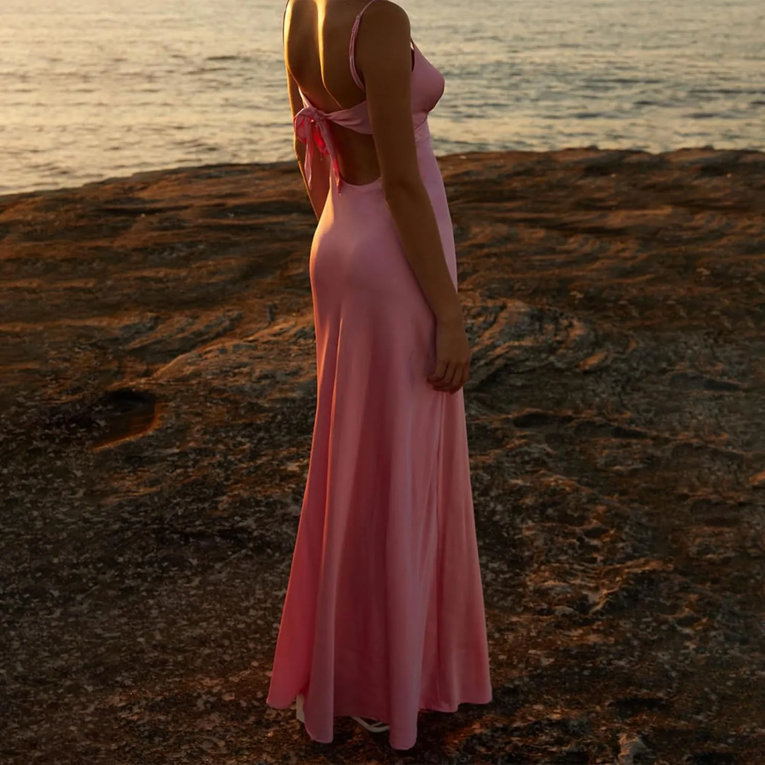 Women Cami Sleeveless Tie-Up Front Backless Dress Long Low Cut Backless Bodycon Dress
