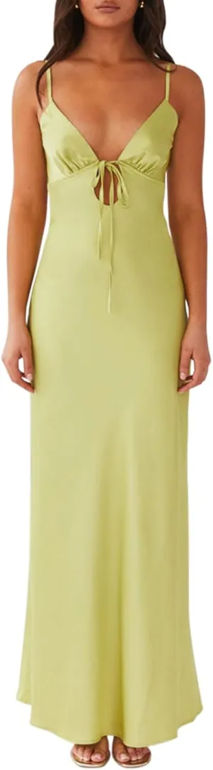 Women Cami Sleeveless Tie-Up Front Backless Dress Long Low Cut Backless Bodycon Dress