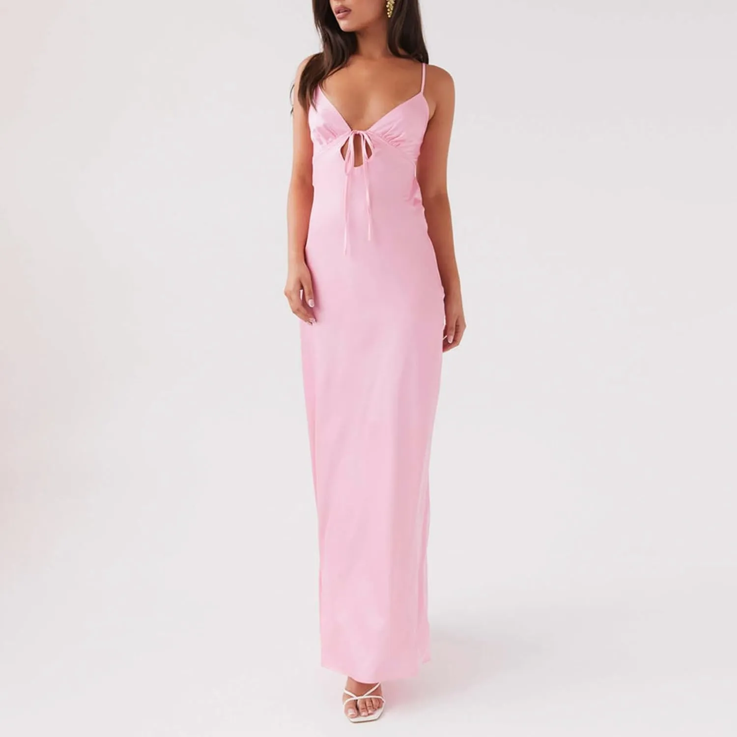 Women Cami Sleeveless Tie-Up Front Backless Dress Long Low Cut Backless Bodycon Dress