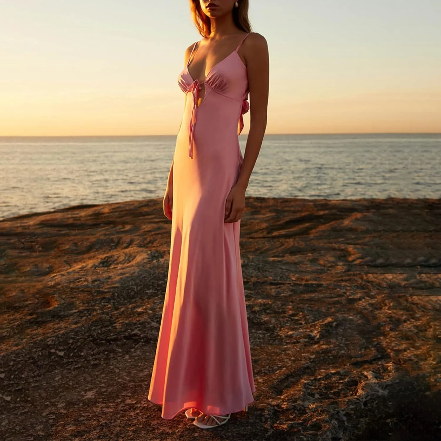 Women Cami Sleeveless Tie-Up Front Backless Dress Long Low Cut Backless Bodycon Dress