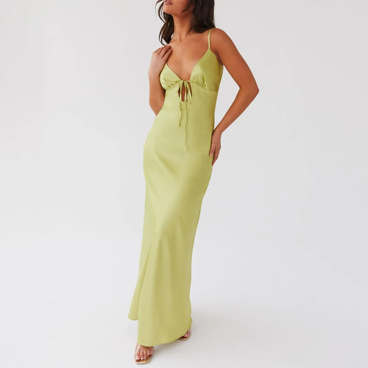 Women Cami Sleeveless Tie-Up Front Backless Dress Long Low Cut Backless Bodycon Dress