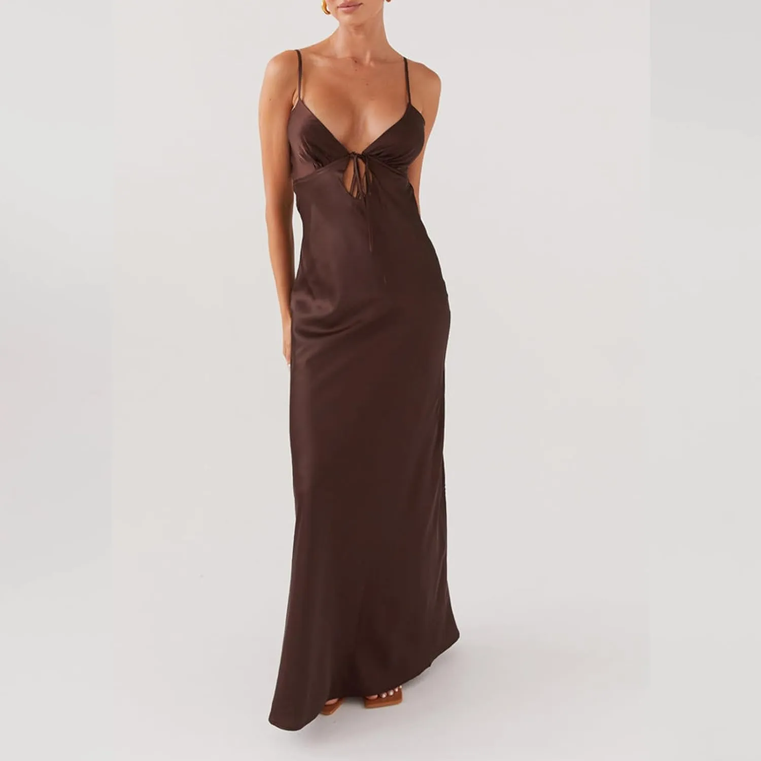 Women Cami Sleeveless Tie-Up Front Backless Dress Long Low Cut Backless Bodycon Dress
