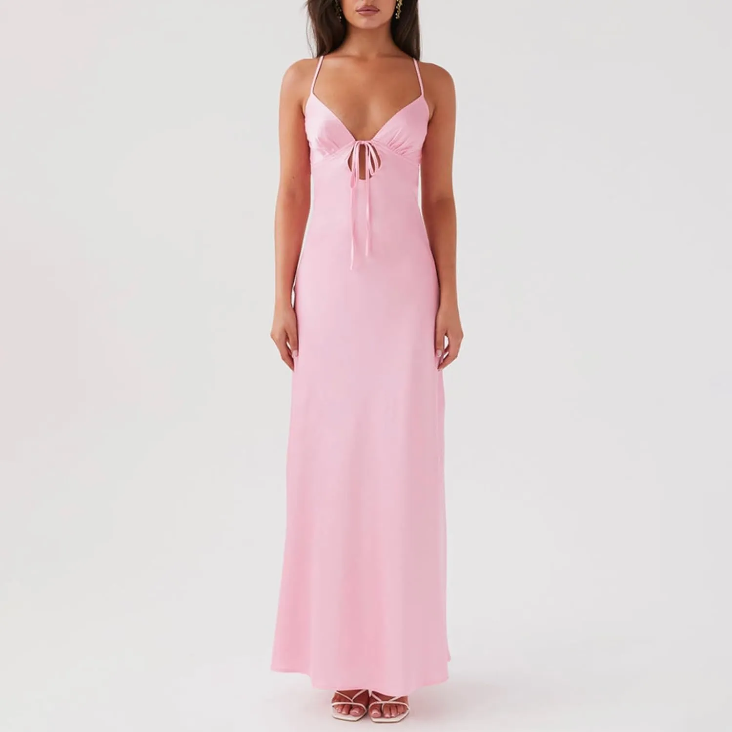 Women Cami Sleeveless Tie-Up Front Backless Dress Long Low Cut Backless Bodycon Dress