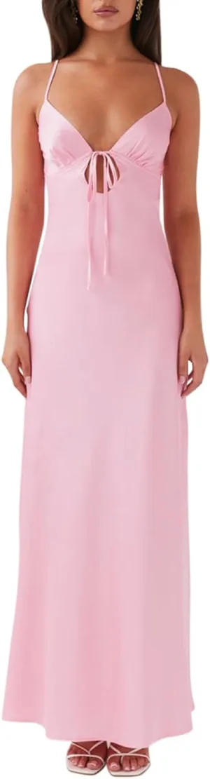 Women Cami Sleeveless Tie-Up Front Backless Dress Long Low Cut Backless Bodycon Dress