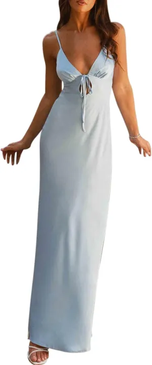 Women Cami Sleeveless Tie-Up Front Backless Dress Long Low Cut Backless Bodycon Dress