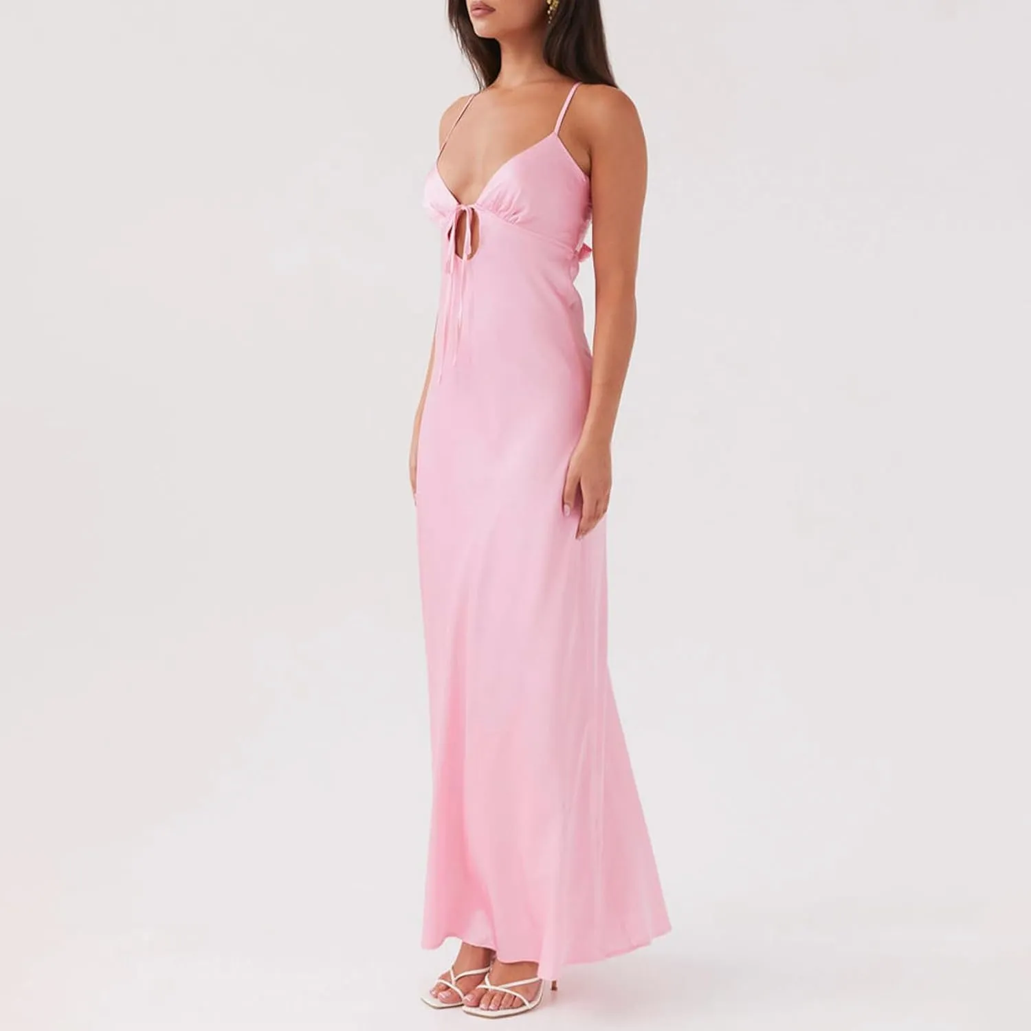 Women Cami Sleeveless Tie-Up Front Backless Dress Long Low Cut Backless Bodycon Dress
