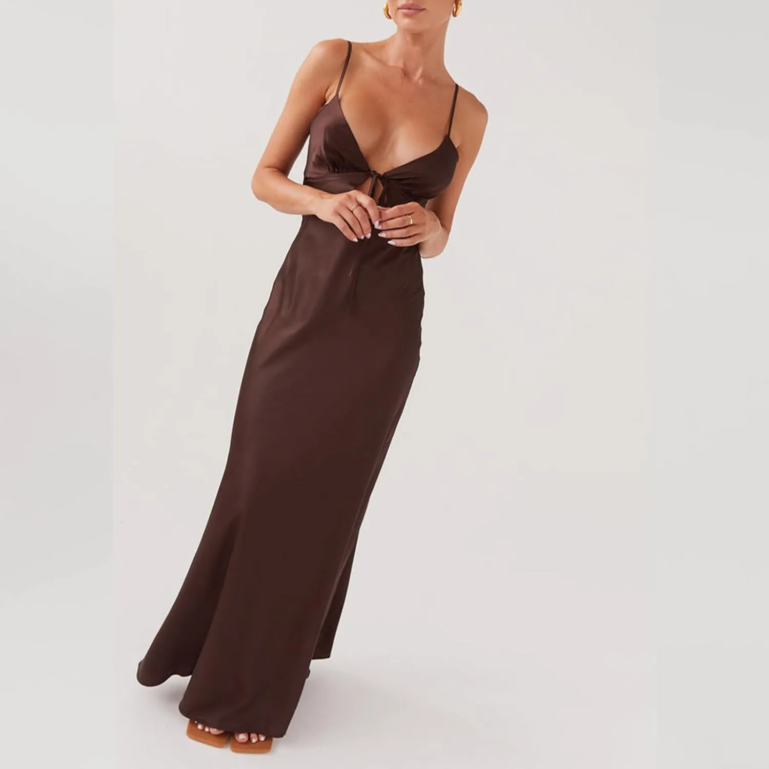 Women Cami Sleeveless Tie-Up Front Backless Dress Long Low Cut Backless Bodycon Dress