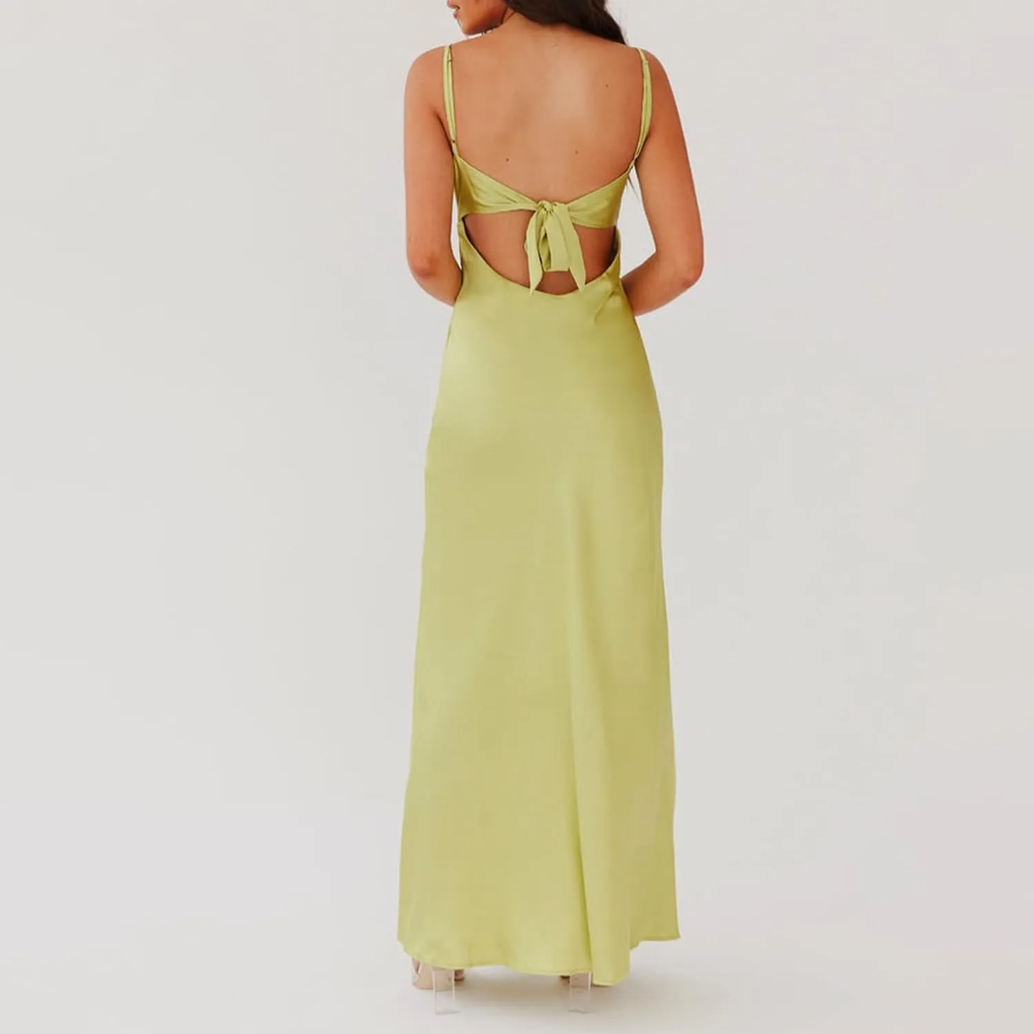Women Cami Sleeveless Tie-Up Front Backless Dress Long Low Cut Backless Bodycon Dress