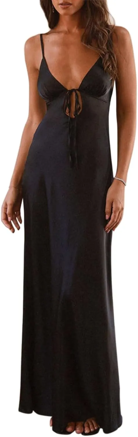 Women Cami Sleeveless Tie-Up Front Backless Dress Long Low Cut Backless Bodycon Dress