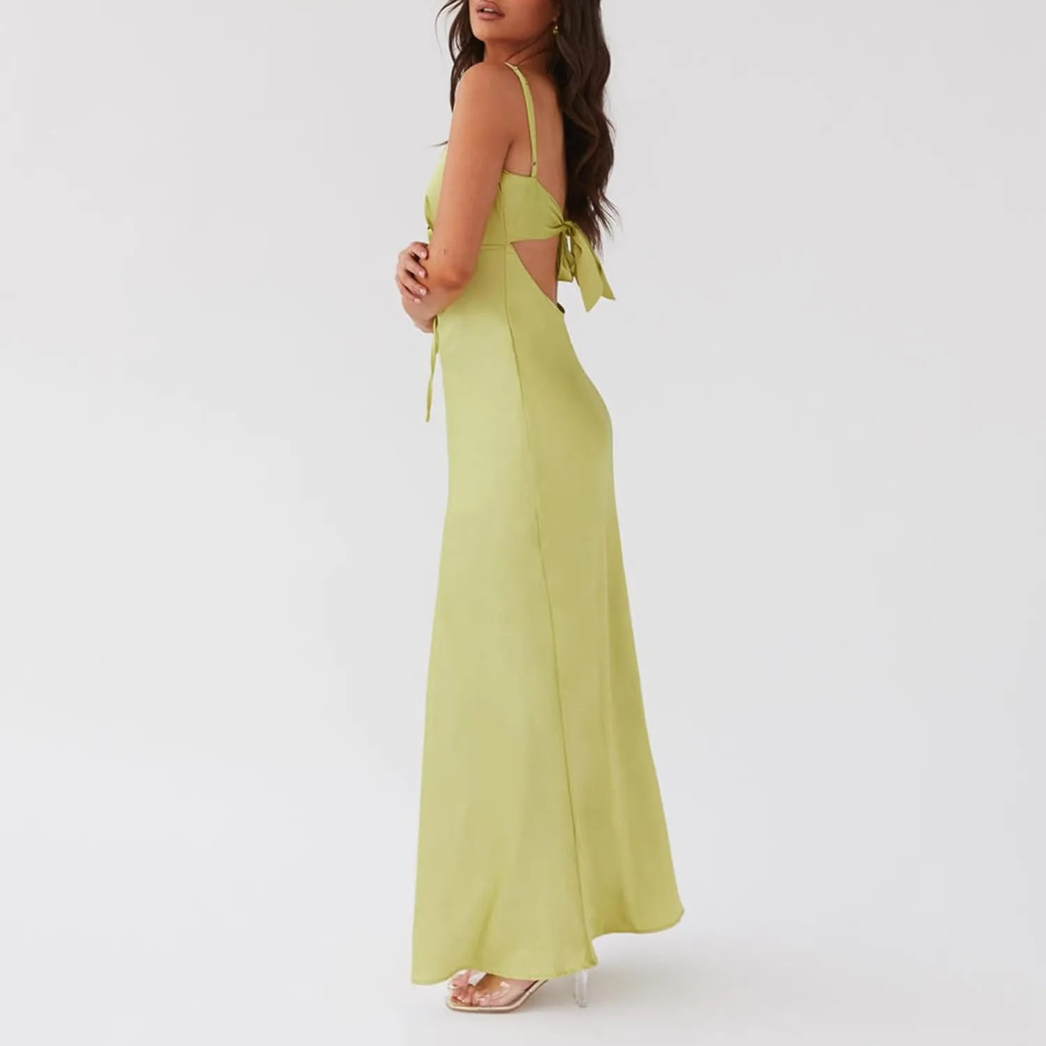 Women Cami Sleeveless Tie-Up Front Backless Dress Long Low Cut Backless Bodycon Dress