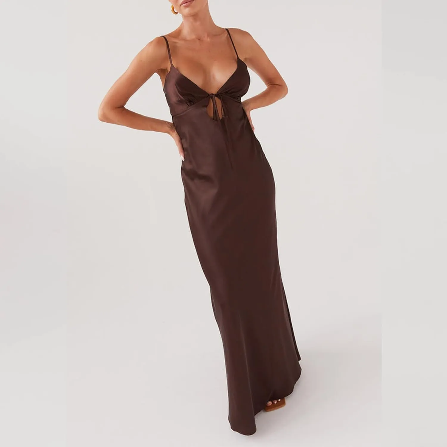 Women Cami Sleeveless Tie-Up Front Backless Dress Long Low Cut Backless Bodycon Dress