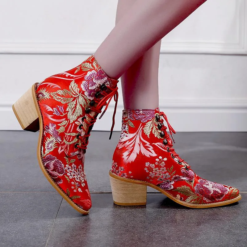 Women Embroidery Chunky Lace Up Heeled Boots