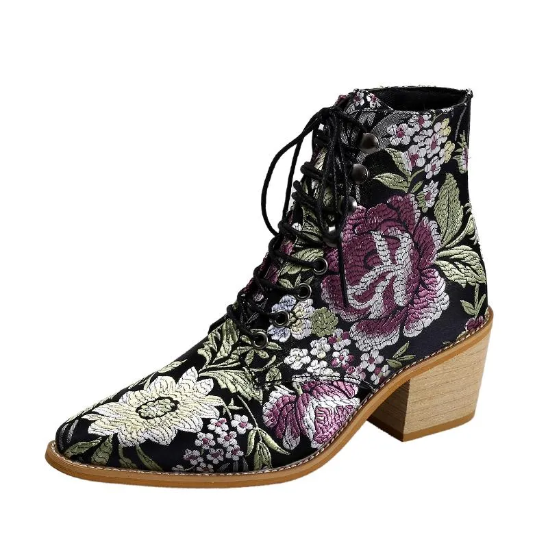 Women Embroidery Chunky Lace Up Heeled Boots
