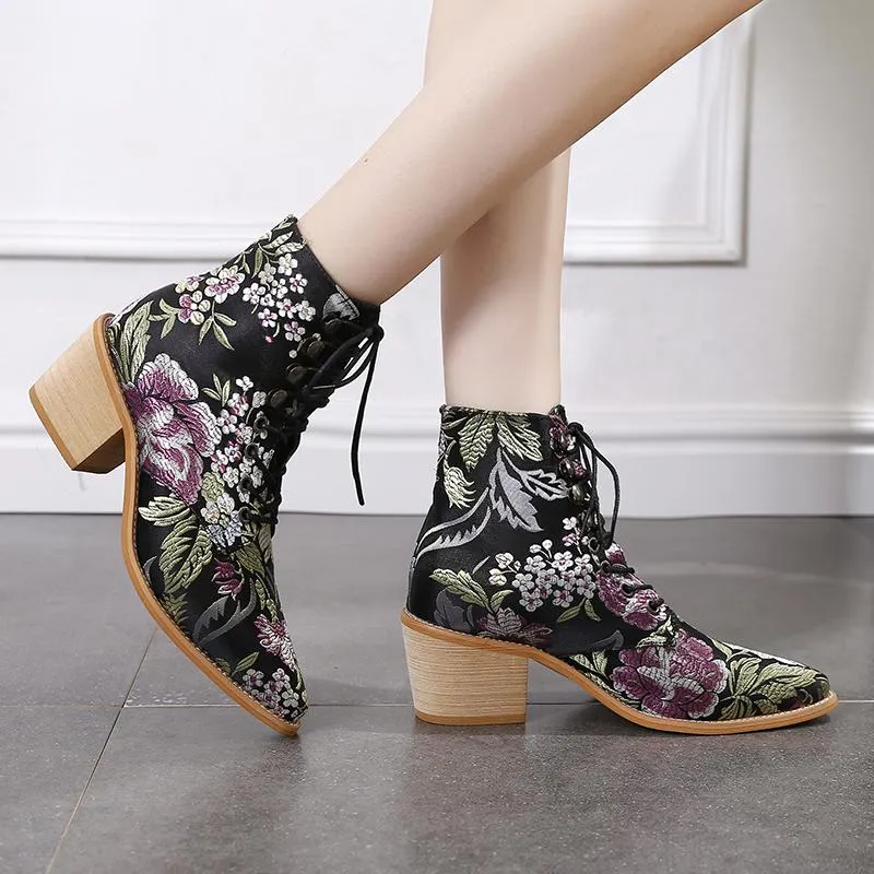 Women Embroidery Chunky Lace Up Heeled Boots