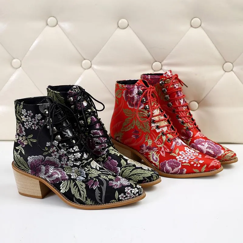 Women Embroidery Chunky Lace Up Heeled Boots